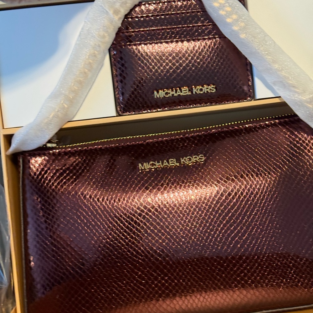 Michael Kors Metallic Burgundy Textured purse and Cardholder Set